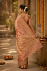 Banarasi Crepe Tissue Sarees with Zari Jaal work and heavy pallu in Peach Terracotta