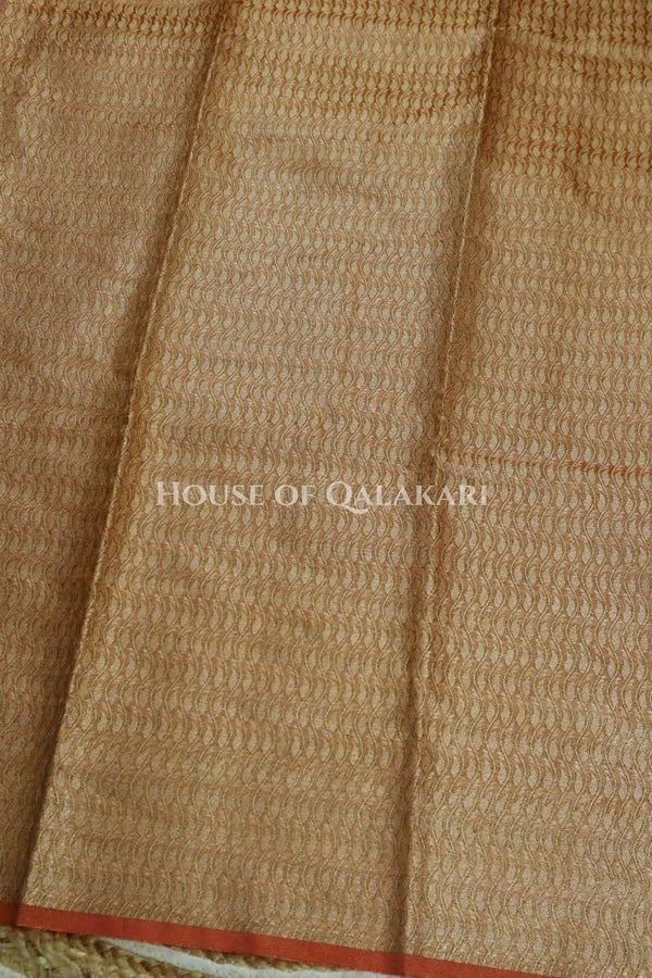Banarasi Crepe Tissue Sarees with Zari Jaal work and heavy pallu in Peach Terracotta