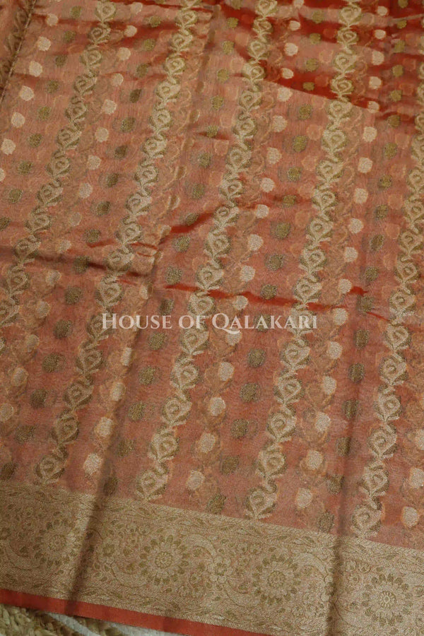 Banarasi Crepe Tissue Sarees with Zari Jaal work and heavy pallu in Peach Terracotta