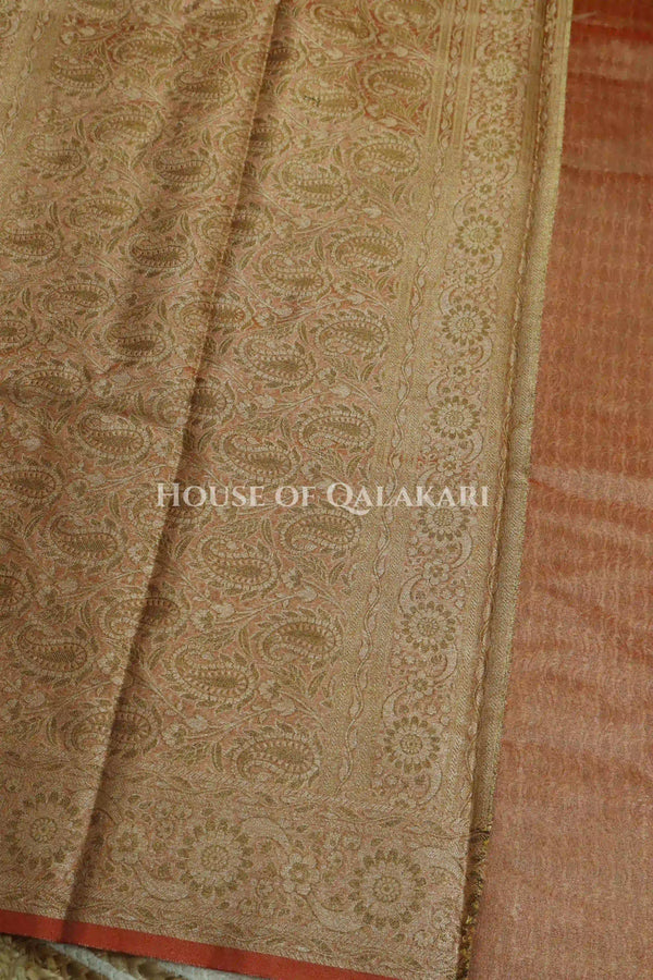 Banarasi Crepe Tissue Sarees with Zari Jaal work and heavy pallu in Peach Terracotta