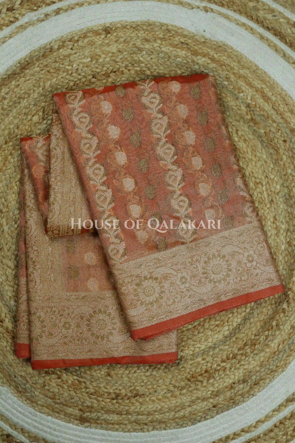 Banarasi Crepe Tissue Sarees with Zari Jaal work and heavy pallu in Peach Terracotta