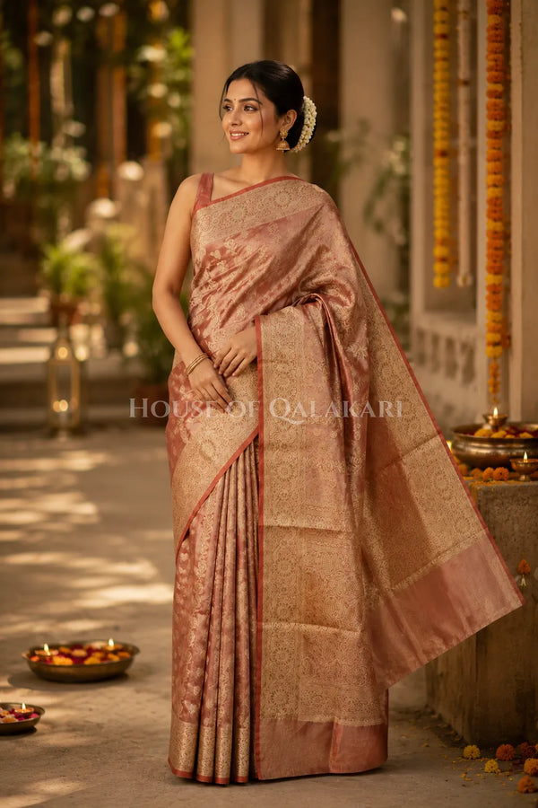 Banarasi Crepe Tissue Sarees with Zari Jaal work and heavy pallu in Peach Terracotta
