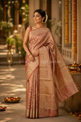 Banarasi Crepe Tissue Sarees with Zari Jaal work and heavy pallu in Peach Terracotta
