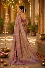 Banarasi Crepe Tissue Sarees with Zari Jaal work and heavy pallu in Mauve Pink