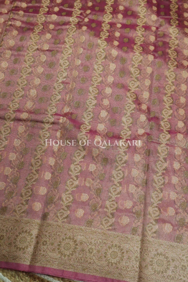 Banarasi Crepe Tissue Sarees with Zari Jaal work and heavy pallu in Mauve Pink