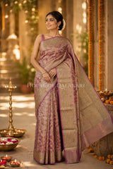 Banarasi Crepe Tissue Sarees with Zari Jaal work and heavy pallu in Mauve Pink