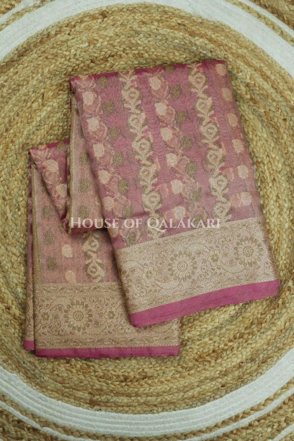 Banarasi Crepe Tissue Sarees with Zari Jaal work and heavy pallu in Mauve Pink