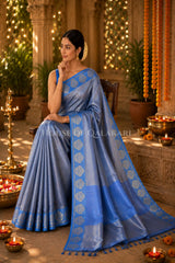 Banarasi Plain Tissue Sarees with Zari Buti border and plain pallu in Powder Blue