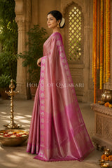 Banarasi Plain Tissue Sarees with Zari buta border and plain pallu in Dusty Rose Pink