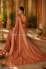 Banarasi Plain Tissue Sarees with Zari buta border and plain pallu in Copper blush
