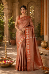 Banarasi Plain Tissue Sarees with Zari buta border and plain pallu in Copper blush