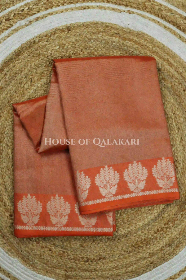 Banarasi Plain Tissue Sarees with Zari buta border and plain pallu in Copper blush
