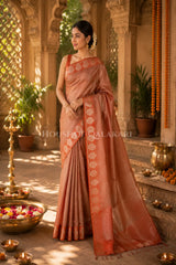 Banarasi Plain Tissue Sarees with Zari buta border and plain pallu in Copper blush