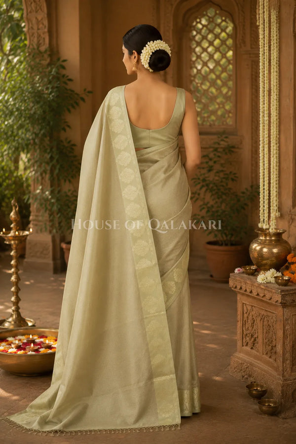 Banarasi Plain Tissue Sarees with Zari buta border and plain pallu in Soft Gold