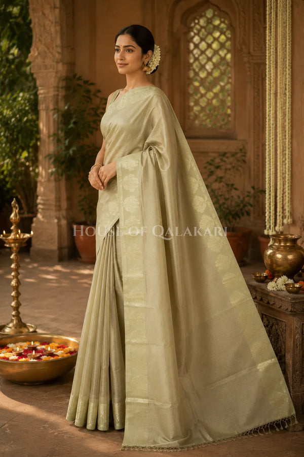 Banarasi Plain Tissue Sarees with Zari buta border and plain pallu in Soft Gold
