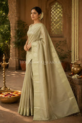 Banarasi Plain Tissue Sarees with Zari buta border and plain pallu in Soft Gold