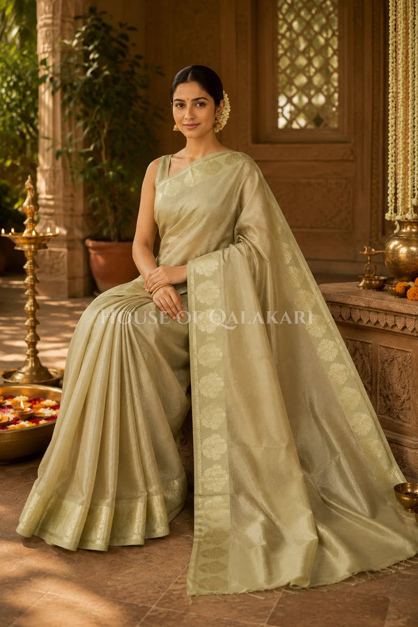 Banarasi Plain Tissue Sarees with Zari buta border and plain pallu in Soft Gold