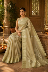 Banarasi Plain Tissue Sarees with Zari buta border and plain pallu in Soft Gold