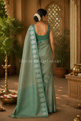 Banarasi Plain Tissue Sarees with Zari buta border and plain pallu in Sage Green