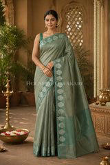 Banarasi Plain Tissue Sarees with Zari buta border and plain pallu in Sage Green